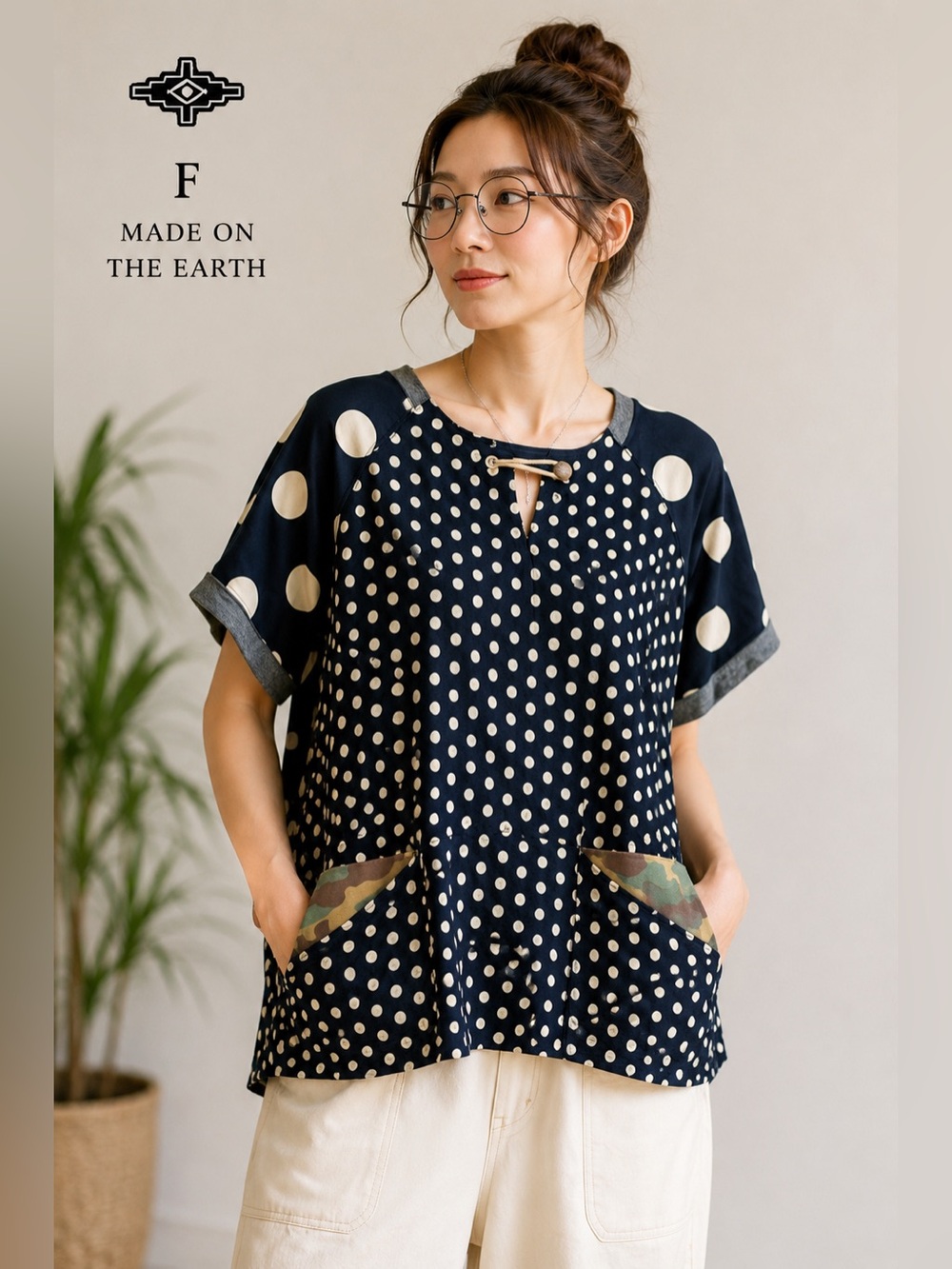 Made On The Earth Japan Polka Dot Camo Pocket Top Harajuku Y2K Boho One Size A3